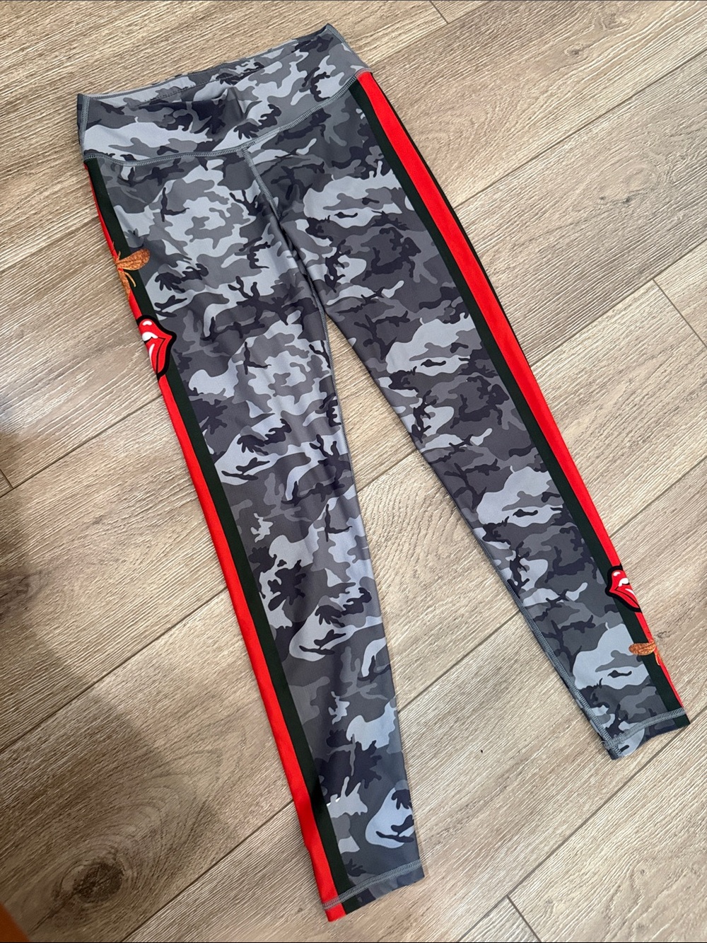 Women’s Gray Camo Leggings with Red Side Stripe
